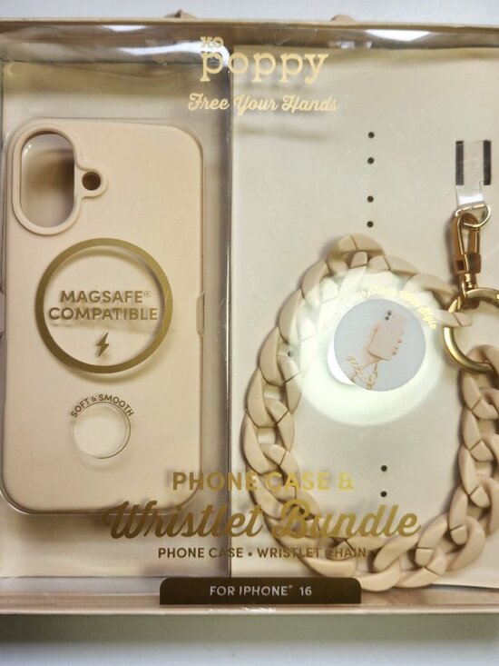 Xo Poppy Accessories - XO Poppy iPhone 16 Case & Wristlet Chain Bundle Light Pink MagSafe NEW